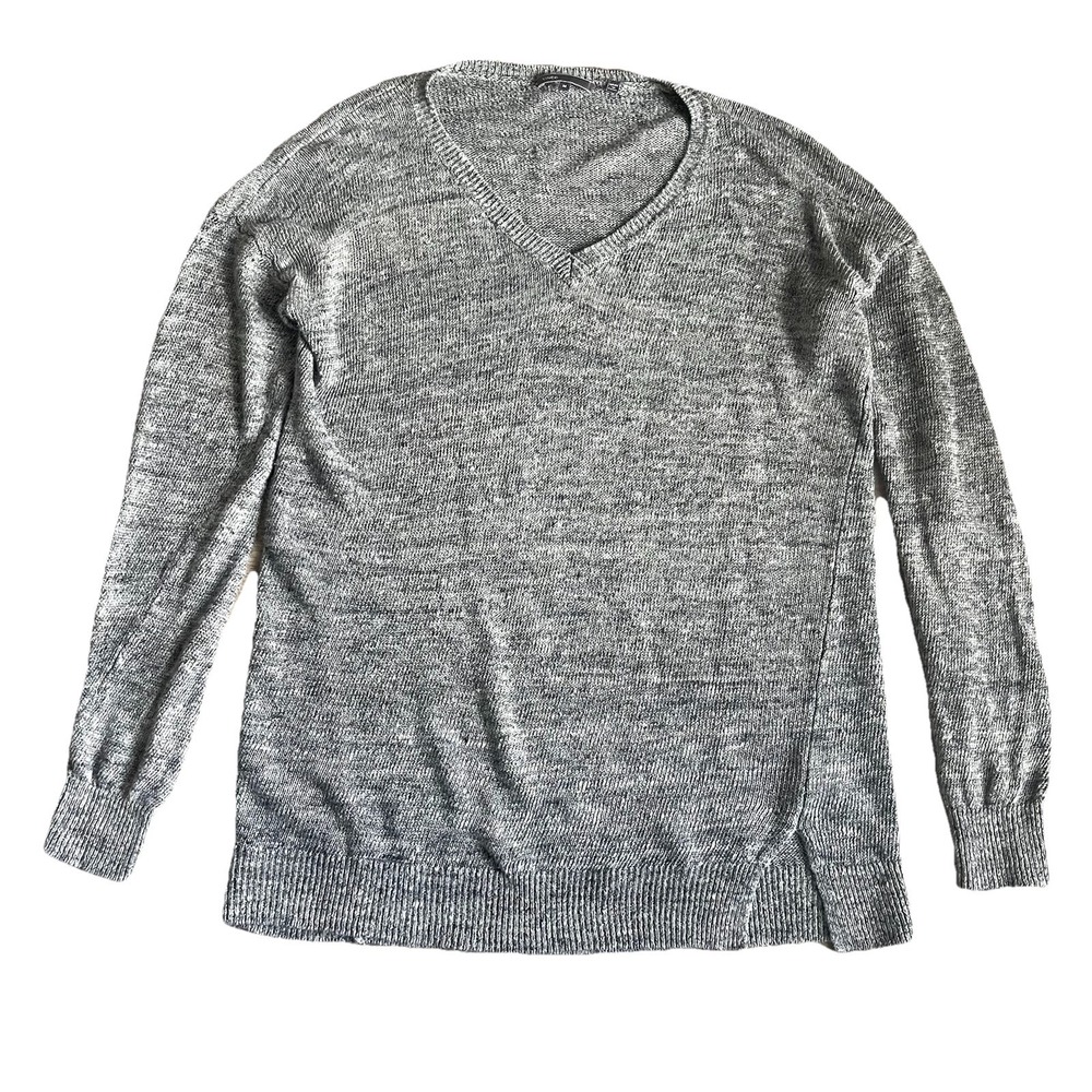 Vince 100% Linen V-Neck Sweater Medium Gray Lightweight Tunic Minimalist Classic